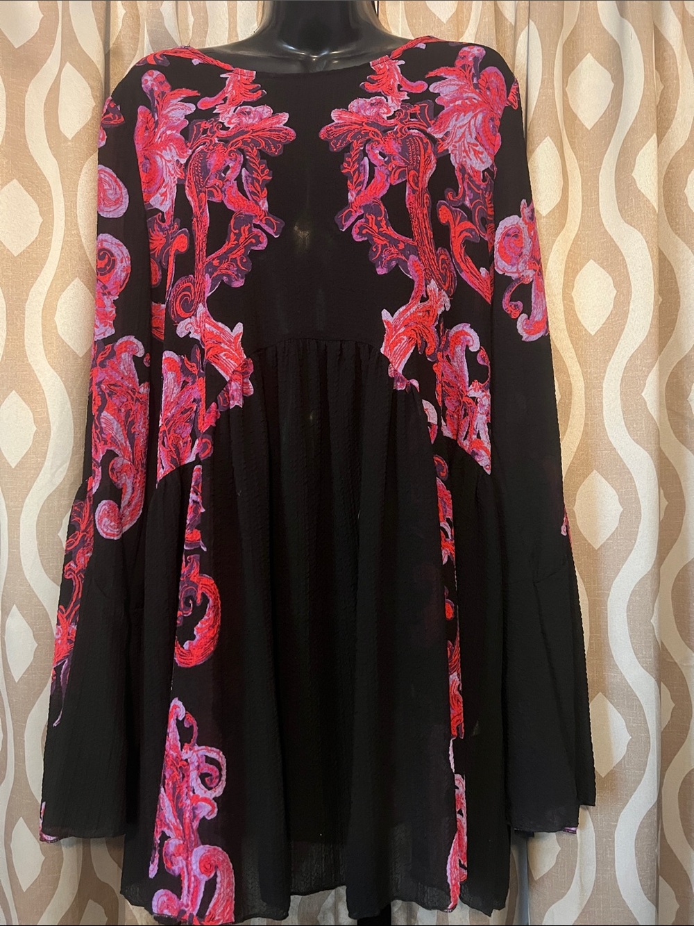 Intimately by Free People Small Black Top with Red-Pink Scroll Print - Picture 2 of 9